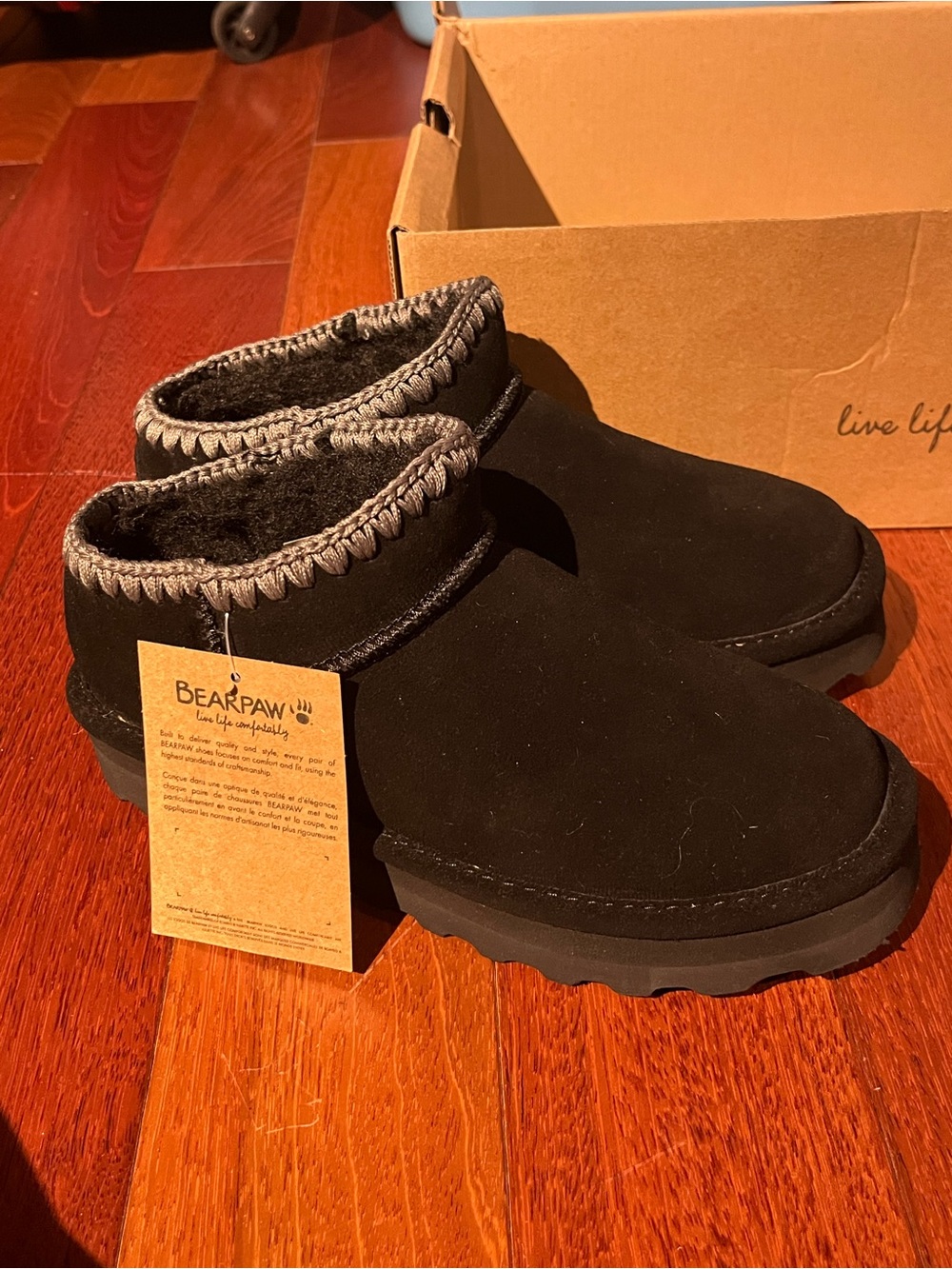 BearPaw Kids Black Suede-Look Cozy Slip-On Booties